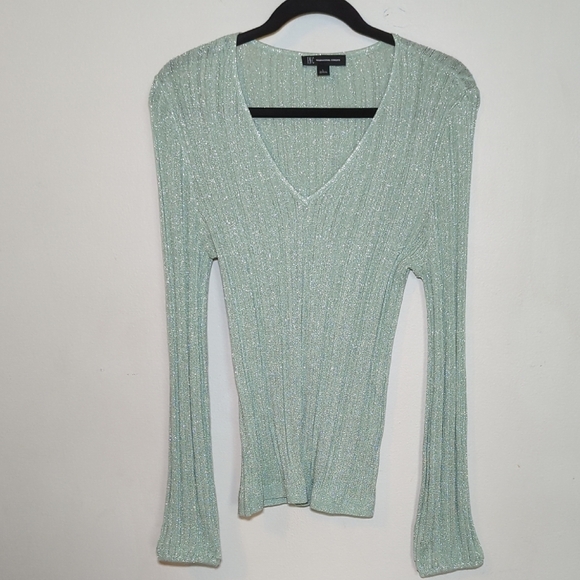 International Concepts Green Ribbed Sweater with Silver Threads Women's Size L - Picture 1 of 5